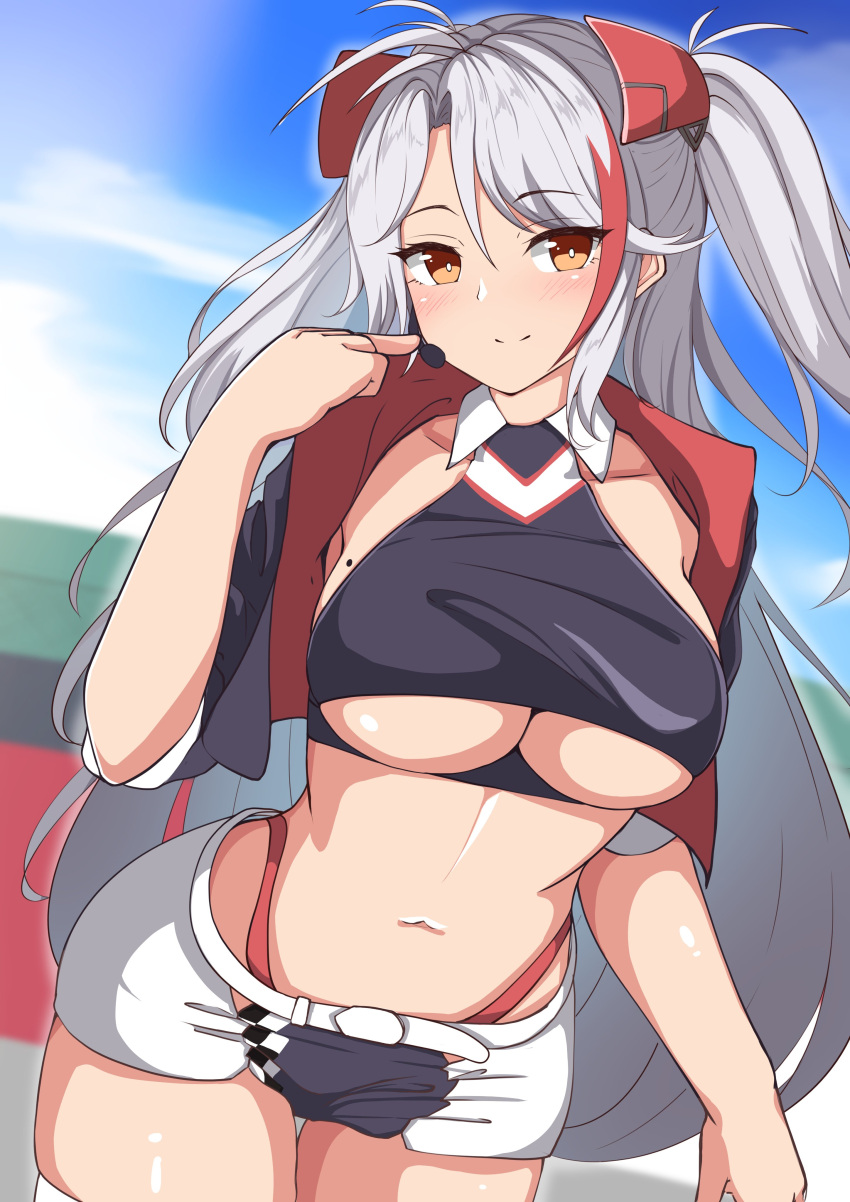 1girl absurdres azur_lane bangs black_jacket black_shirt blush breasts brown_eyes closed_mouth collarbone collared_shirt commentary_request crop_top cropped_jacket day hand_up headgear headset highleg highleg_panties highres jacket leaning_forward long_hair medium_breasts mole mole_on_breast moyoron multicolored_hair navel open_clothes open_jacket outdoors panties parted_bangs prinz_eugen_(azur_lane) prinz_eugen_(final_lap)_(azur_lane) red_panties redhead shirt short_shorts shorts silver_hair sleeveless sleeveless_shirt smile solo streaked_hair thigh_gap two_side_up under_boob underwear very_long_hair white_shorts