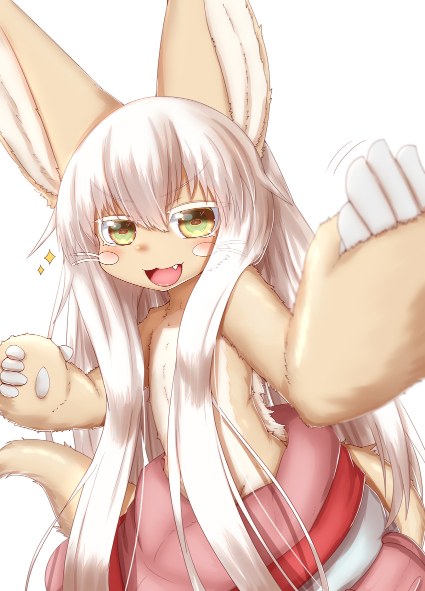 1other :3 animal_ears animal_hands bangs beckoning blush blush_stickers body_fur brown_eyes brown_fur colored_eyelashes commentary_request cowboy_shot eyebrows_visible_through_hair fang fighting_stance furry green_eyes hands_up happy highres horizontal_pupils horokusa_(korai) long_hair looking_at_viewer made_in_abyss motion_lines multicolored_eyes multicolored_pants nanachi_(made_in_abyss) open_mouth other_focus pouch puffy_pants sidelocks simple_background smile solo sparkle standing tail topless two-tone_fur v-shaped_eyebrows very_long_hair whiskers white_background white_fur white_hair