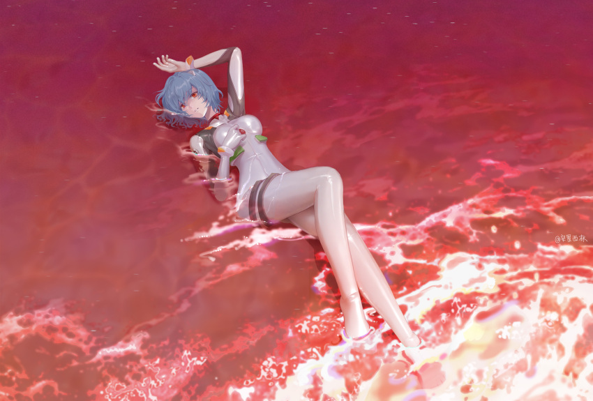 1girl absurdres arm_above_head ayanami_rei blue_hair hand_on_own_chest highres interface_headset lcl looking_at_viewer lying neon_genesis_evangelion ocean on_back plugsuit red_eyes solo xilin