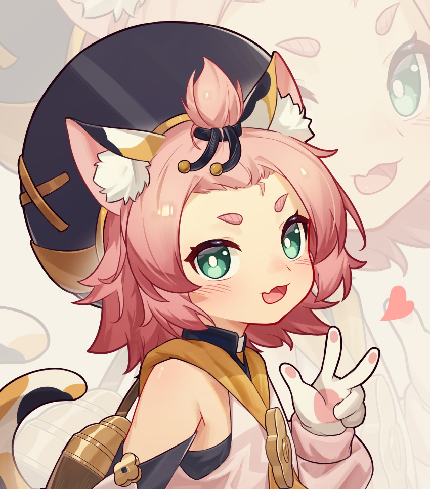 1girl :3 :d absurdres animal_ear_fluff animal_ears bangs_pinned_back bare_shoulders cat_ears cat_girl cat_tail child chinese_commentary diona_(genshin_impact) flat_chest forehead genshin_impact green_eyes hand_up hat heart highres looking_at_viewer open_mouth paw_print pink_hair short_hair smile solo tail tail_raised thick_eyebrows tied_hair upper_body vest weird_did_you_paint_today?