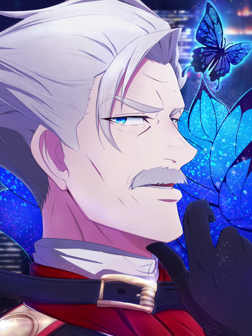 1boy animal belt belt_buckle black_belt black_gloves blue_eyes buckle bug butterfly choco_(chocovix112) commentary facial_hair fate/grand_order fate_(series) forehead gloves grey_hair hand_up highres james_moriarty_(fate) looking_at_viewer male_focus mustache parted_lips solo thick_eyebrows v-shaped_eyebrows