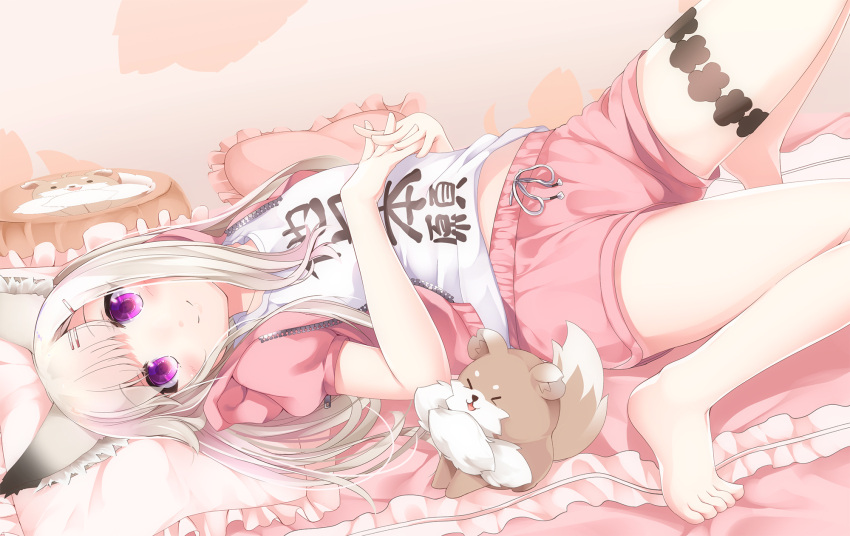 1girl animal_ear_fluff animal_ears animare bangs barefoot blush eyebrows_visible_through_hair hair_ornament hairpin highres jacket long_hair looking_at_viewer lying on_back open_clothes open_jacket own_hands_together pink_jacket pink_shorts sch shiromiya_mimi shirt short_shorts short_sleeves shorts silver_hair solo violet_eyes virtual_youtuber white_shirt