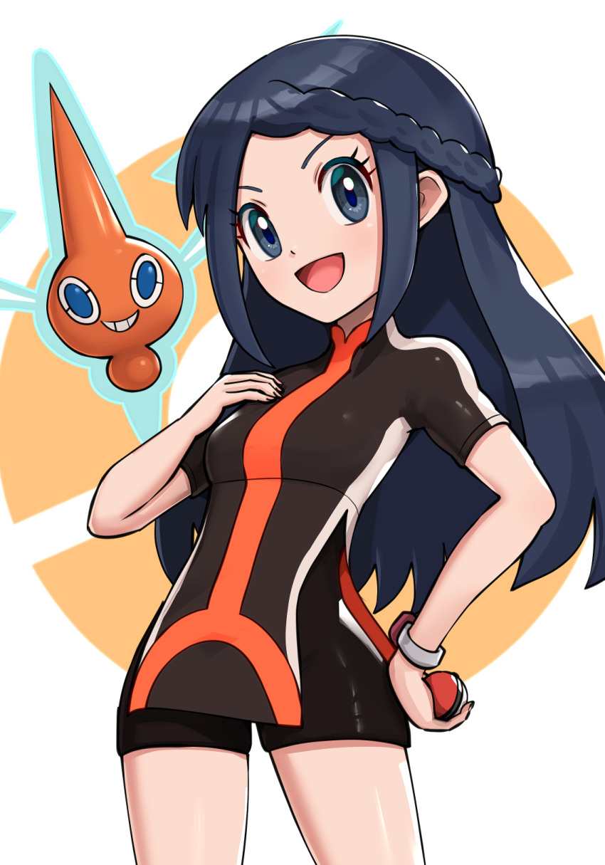 bike_jersey blue_eyes blue_hair breasts cycling_uniform gonzarez highres hikari_(pokemon) open_mouth poke_ball pokemon pokemon_(creature) pokemon_(game) pokemon_bdsp pokemon_dppt rotom short_shorts shorts simple_background small_breasts white_background