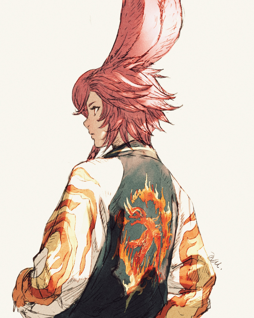 absurdres animal_ears braid character_request final_fantasy final_fantasy_xiv flame_print from_behind highres jacket kuroimori long_sleeves looking_away print_jacket profile rabbit_ears short_hair_with_long_locks side_braid simple_background single_braid solo upper_body viera white_background