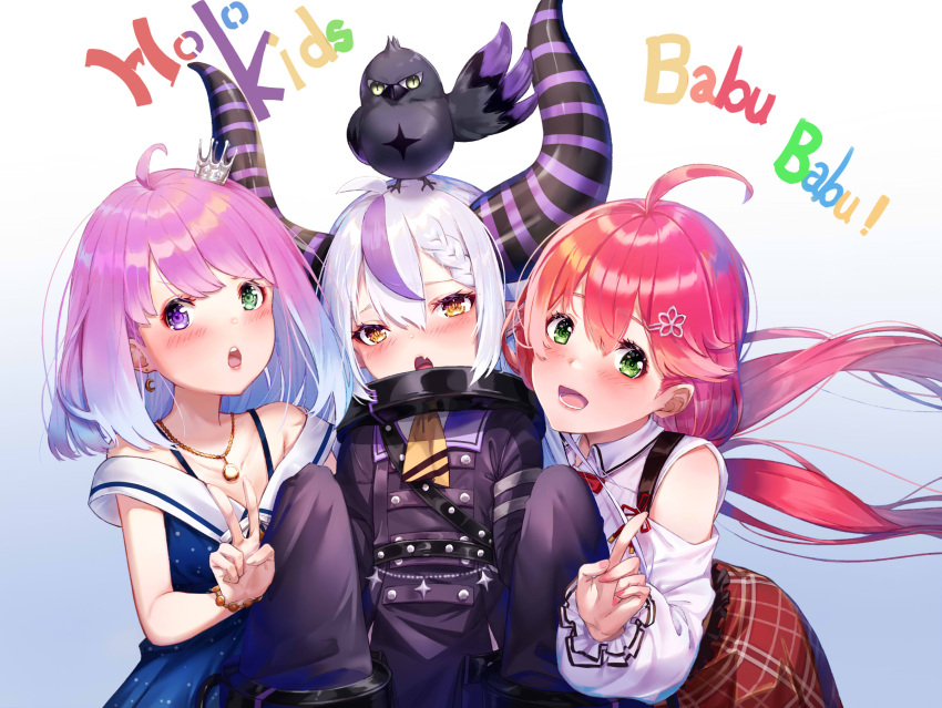 3girls ahoge animal_on_head bird bird_on_head blush bracelet braid collarbone crescent crescent_earrings earrings english_text fang green_eyes heterochromia highres himemori_luna hololive horns index_finger_raised jewelry kinoko_(shikimylove) la+_darknesss lips looking_at_viewer multicolored_hair multiple_girls nail_polish necklace on_head open_mouth pink_hair pink_nails sakura_miko skin_fang two-tone_hair v violet_eyes virtual_youtuber white_hair yellow_eyes