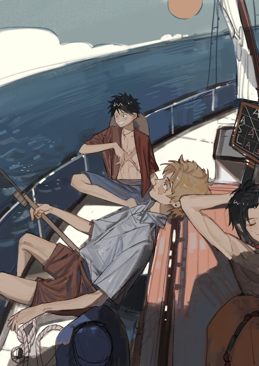3boys :d akihare arms_behind_head black_hair blonde_hair boat fishing fishing_rod hat hat_removed headwear_removed highres lying male_focus monkey_d._luffy multiple_boys on_back one_piece open_clothes open_shirt portgas_d._ace sabo_(one_piece) short_sleeves shorts sitting smile watercraft