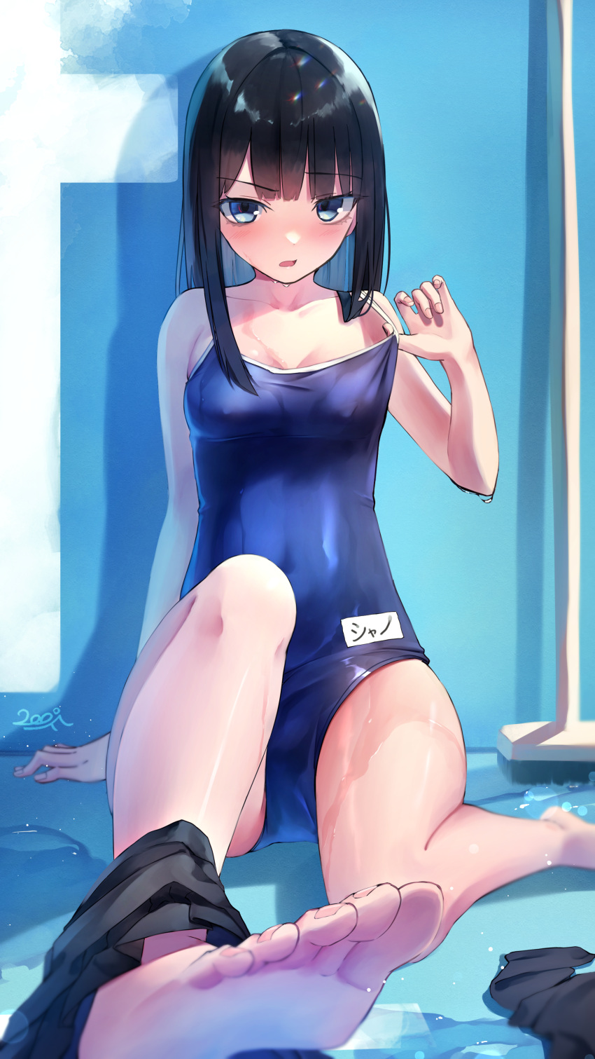 1girl absurdres against_wall bangs barefoot black_hair black_skirt blue_eyes blue_swimsuit blunt_bangs blush breasts broom clothes_pull clothes_removed collarbone competition_school_swimsuit covered_navel covered_nipples dripping empty_pool eyebrows_visible_through_hair feet hand_up highres knee_up lens_flare looking_at_viewer name_tag on_floor one-piece_swimsuit open_mouth original pleated_skirt pool raised_eyebrow school_swimsuit shun'ya_(daisharin36) sidelocks sitting skirt skirt_around_ankles skirt_around_one_leg skirt_pull small_breasts soles swimsuit undressing wet wet_clothes wet_swimsuit