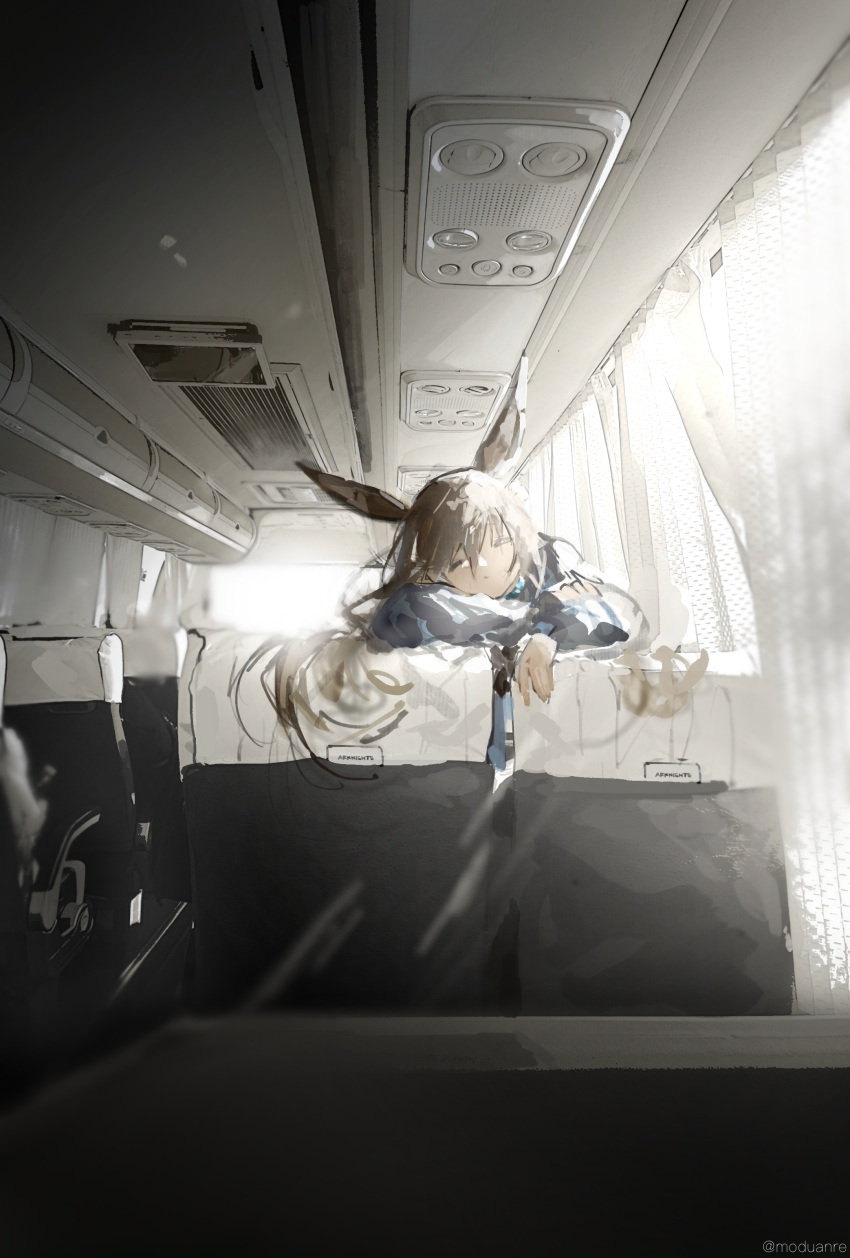 1girl absurdres amiya_(arknights) animal_ears arknights arm_support bangs brown_hair bus_interior closed_eyes closed_mouth commentary_request curtains day finn_zoey hair_between_eyes highres long_hair long_sleeves rabbit_ears seat sleeping solo sunlight twitter_username