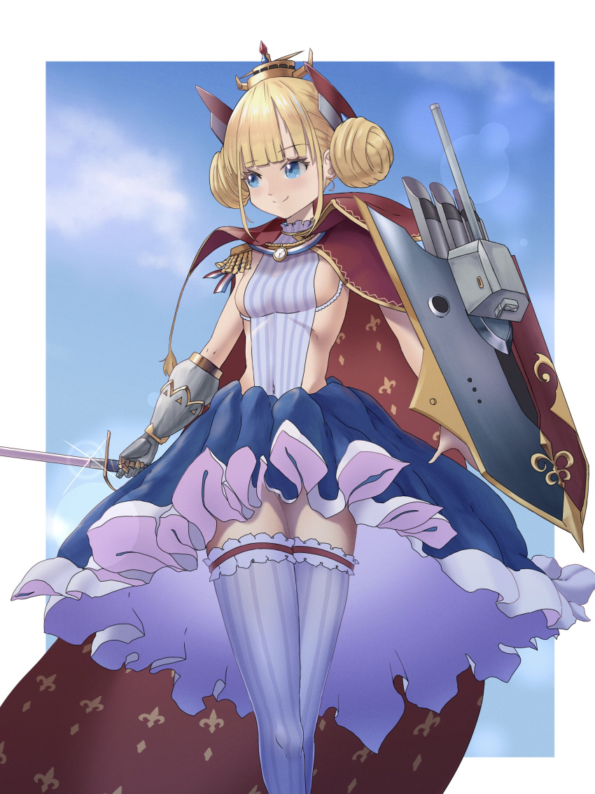 1girl absurdres azur_lane blonde_hair blue_background blue_eyes blue_skirt breasts cape covered_navel double_bun epaulettes fleur_de_lis headgear highres holding holding_shield holding_sword holding_weapon le_triomphant_(azur_lane) long_hair looking_to_the_side rapier red_cape rigging shield sideboob simple_background single_epaulette skirt small_breasts solo standing striped striped_legwear sword syu.mu thigh-highs tutu two-tone_background weapon white_background white_legwear zettai_ryouiki