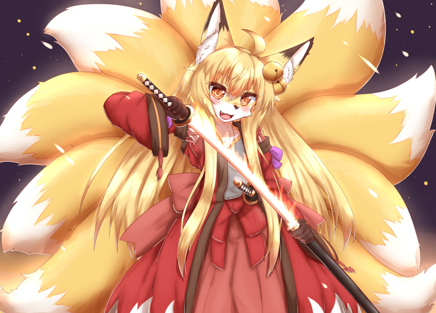 1girl :3 ahoge animal_ear_fluff animal_ears animal_nose arm_up back_bow bangs bell blonde_hair blush body_fur bow commentary_request embers eyebrows_visible_through_hair fang flaming_weapon flat_chest fox_ears fox_girl fox_tail furry furry_female grey_shirt hair_bell hair_between_eyes hair_ornament hakama haori happy highres holding holding_sword holding_weapon horokusa_(korai) japanese_clothes jingle_bell katana kyuubi long_hair long_sleeves looking_at_viewer multiple_tails open_clothes open_mouth orange_eyes original purple_background red_hakama sheath shiny shiny_hair shirt sidelocks simple_background smile solo standing sword tail two-tone_fur unsheathing very_long_hair weapon white_fur wide_sleeves yellow_fur