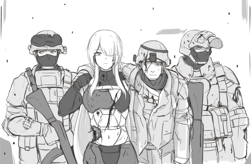 1girl 3boys ak-15_(girls'_frontline) android arm_on_shoulder assault_rifle balaclava blood breasts bullet_hole damaged deep_wound english_commentary expressionless girls_frontline gun hair_over_one_eye helmet injury large_breasts leaning_on_person long_hair mask monochrome multiple_boys rifle selby sidelocks soldier very_long_hair weapon