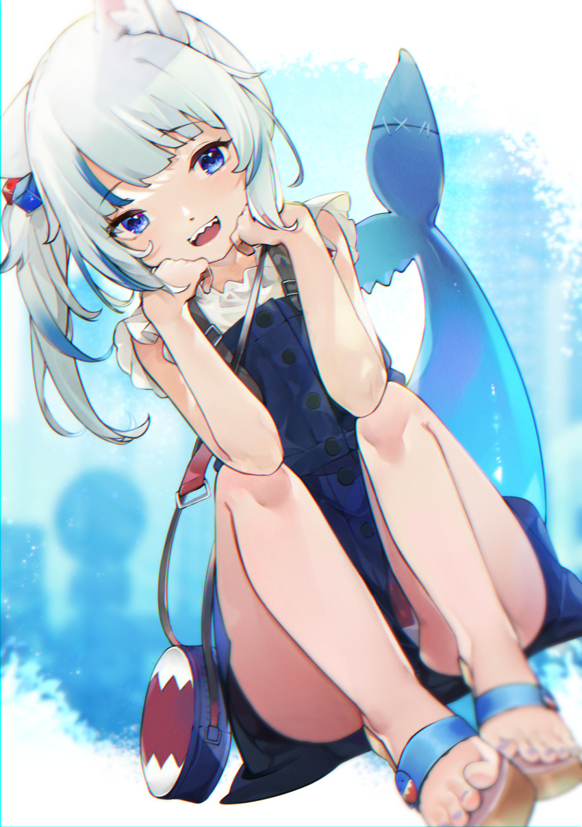 1girl :d absurdres animal_ear_fluff animal_ears bag bangs bare_arms bare_legs blue_dress blue_eyes blue_hair blue_nails cat_ears commentary_request dress eyebrows_visible_through_hair fish_tail gawr_gura hands_on_own_cheeks hands_on_own_face highres hololive hololive_english knees_up long_hair looking_at_viewer mimizuku_(mmiganaru) multicolored_hair nail_polish sandals shark_tail sharp_teeth shoulder_bag side_ponytail silver_hair sitting smile solo streaked_hair tail teeth toenail_polish toenails upper_teeth virtual_youtuber