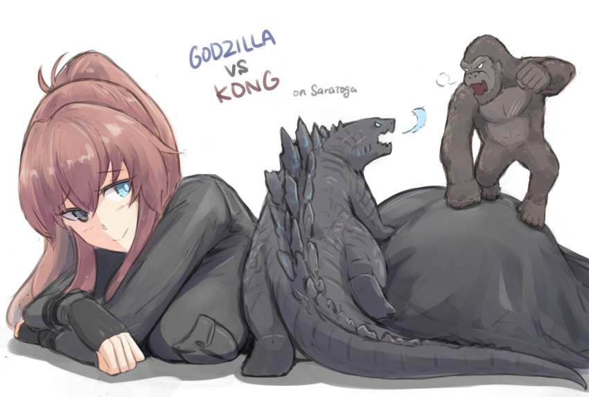 1girl black_dress breast_pocket breasts brown_hair crossover dress godzilla_(legendary) godzilla_vs_kong kantai_collection king_kong large_breasts long_hair long_sleeves lying mizuchi_(mizuchi7118) on_stomach pocket ponytail sidelocks