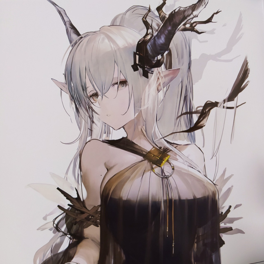 1girl arknights bangs bare_shoulders breasts demon_girl demon_horns grey_eyes highres horns liduke long_hair official_alternate_costume pointy_ears ponytail shining_(arknights) shining_(silent_night)_(arknights) silver_hair solo swimsuit upper_body