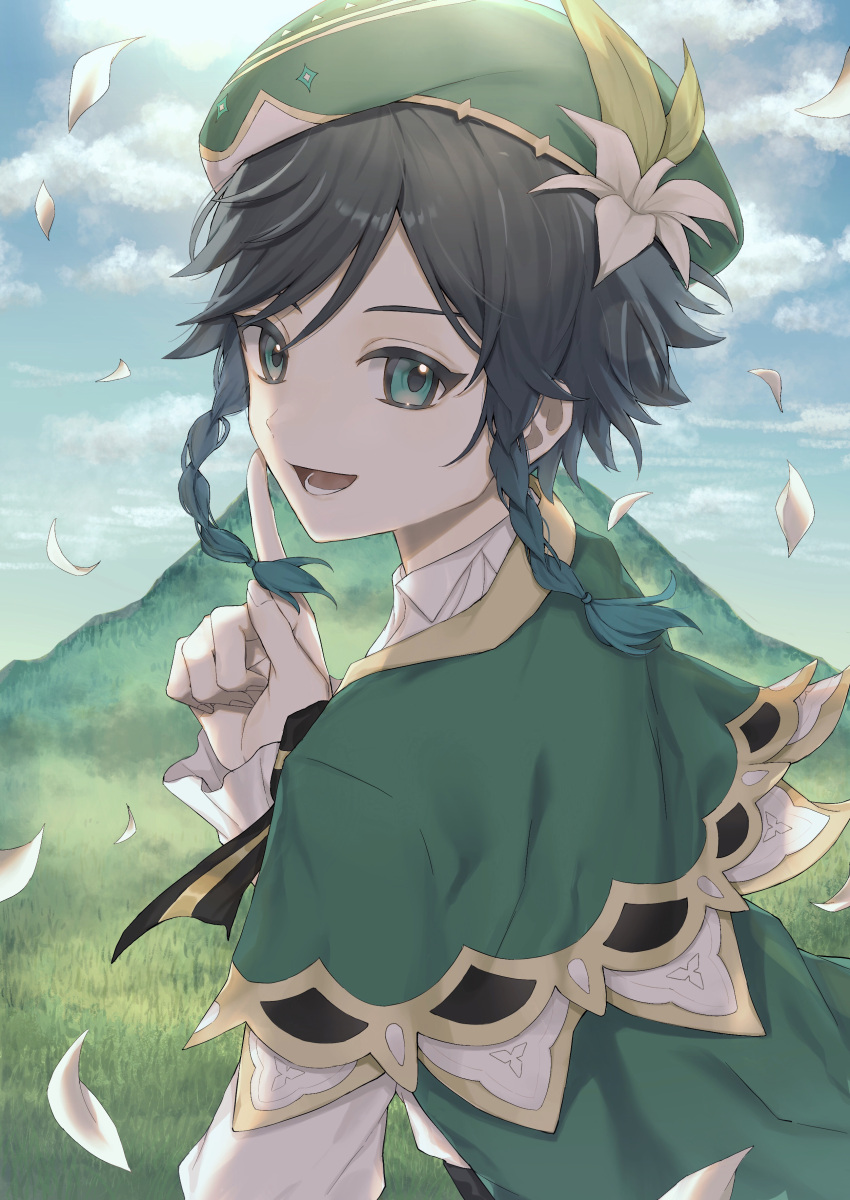 1boy absurdres androgynous bangs beret black_hair blue_hair bow braid cliff clouds cloudy_sky collared_cape collared_shirt commentary_request day falling_petals finger_to_mouth flower frilled_sleeves frills from_behind genshin_impact gradient_hair green_eyes green_headwear hair_flower hair_ornament hat highres leaf long_sleeves looking_at_viewer looking_back male_focus multicolored_hair open_mouth outdoors petals shirt short_hair_with_long_locks shushing side_braids sidelocks sky smile solo twin_braids user_yzjt4447 venti_(genshin_impact) white_flower white_shirt