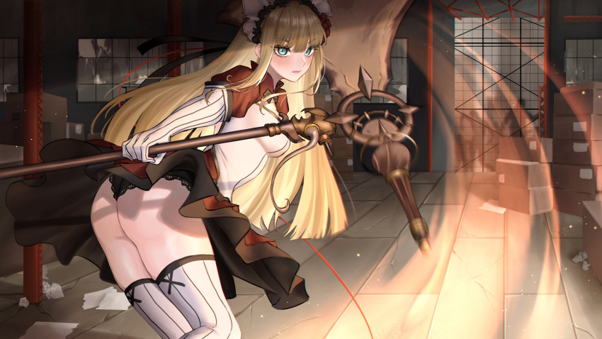 1girl amelia_(mahou_arms) ass axe bangs black_panties blonde_hair blue_eyes box breasts cardboard_box expulse eyebrows_visible_through_hair from_behind hairband highres holding holding_axe lolita_hairband long_hair looking_at_viewer looking_back mahou_arms medium_breasts panties red_skirt skirt solo thigh-highs underwear white_legwear