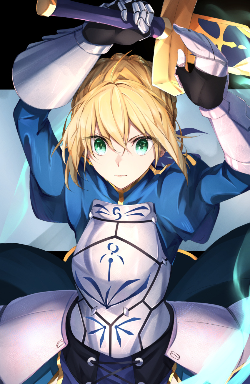 1girl absurdres ahoge armor armored_dress arms_up artoria_pendragon_(fate) bangs blonde_hair blue_dress braid breastplate closed_mouth commentary dress excalibur_(fate/stay_night) eyebrows_visible_through_hair fate/grand_order fate/stay_night fate_(series) french_braid gauntlets green_eyes hair_between_eyes herigaru_(fvgyvr000) highres holding holding_sword holding_weapon juliet_sleeves knight lips long_sleeves looking_at_viewer pink_lips puffy_sleeves saber serious short_hair sidelocks solo sword upper_body weapon