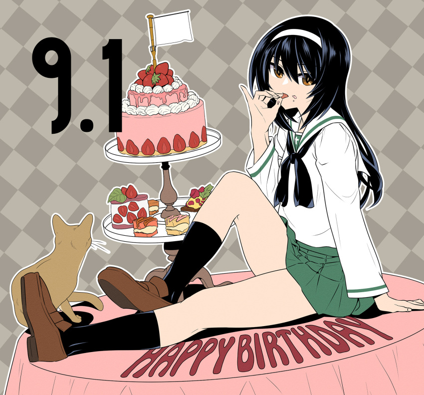 1girl argyle argyle_background bangs birthday birthday_cake black_hair black_legwear blouse brown_eyes brown_footwear cake cat commentary_request dated dessert eating english_text flag food food_on_face girls_und_panzer green_skirt grey_background hairband happy_birthday highres knee_up loafers long_hair long_sleeves looking_at_viewer miniskirt neckerchief ooarai_school_uniform open_mouth outline pleated_skirt reizei_mako sailor_collar saitou_gabio school_uniform serafuku shoes sitting skirt socks solo table tiered_tray white_blouse white_flag white_hairband white_outline white_sailor_collar