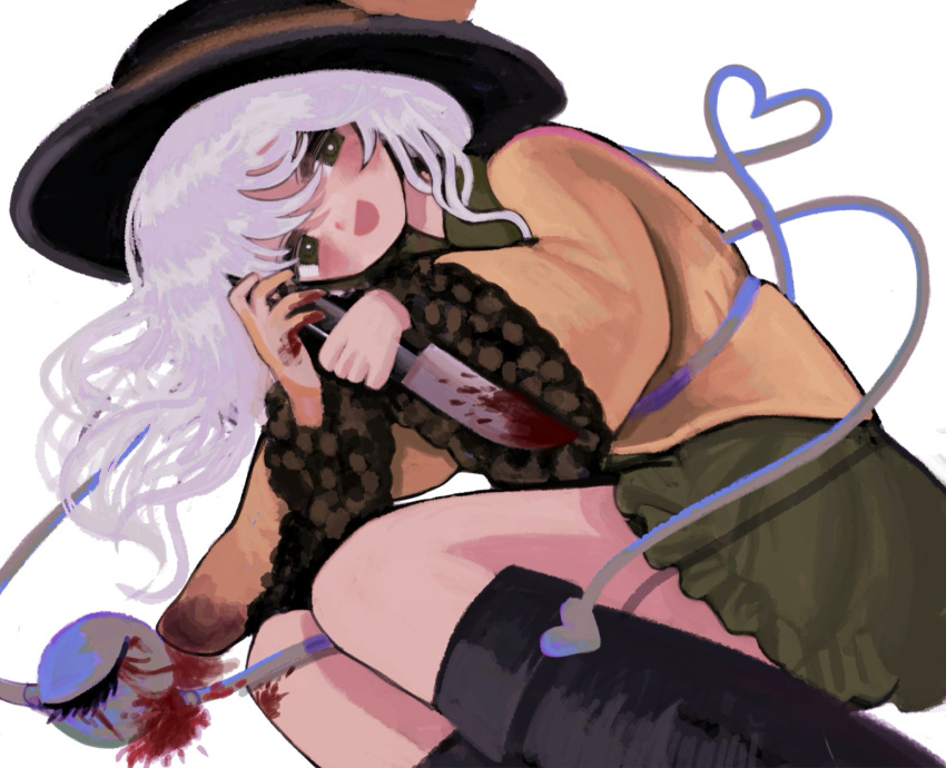 1girl :d blood blood_on_knife blush boots commentary eyebrows_behind_hair green_eyes hat heart heart_of_string hell0120 highres holding holding_knife knee_boots knife komeiji_koishi long_hair looking_at_viewer lying on_side silver_hair simple_background smile solo third_eye touhou white_background