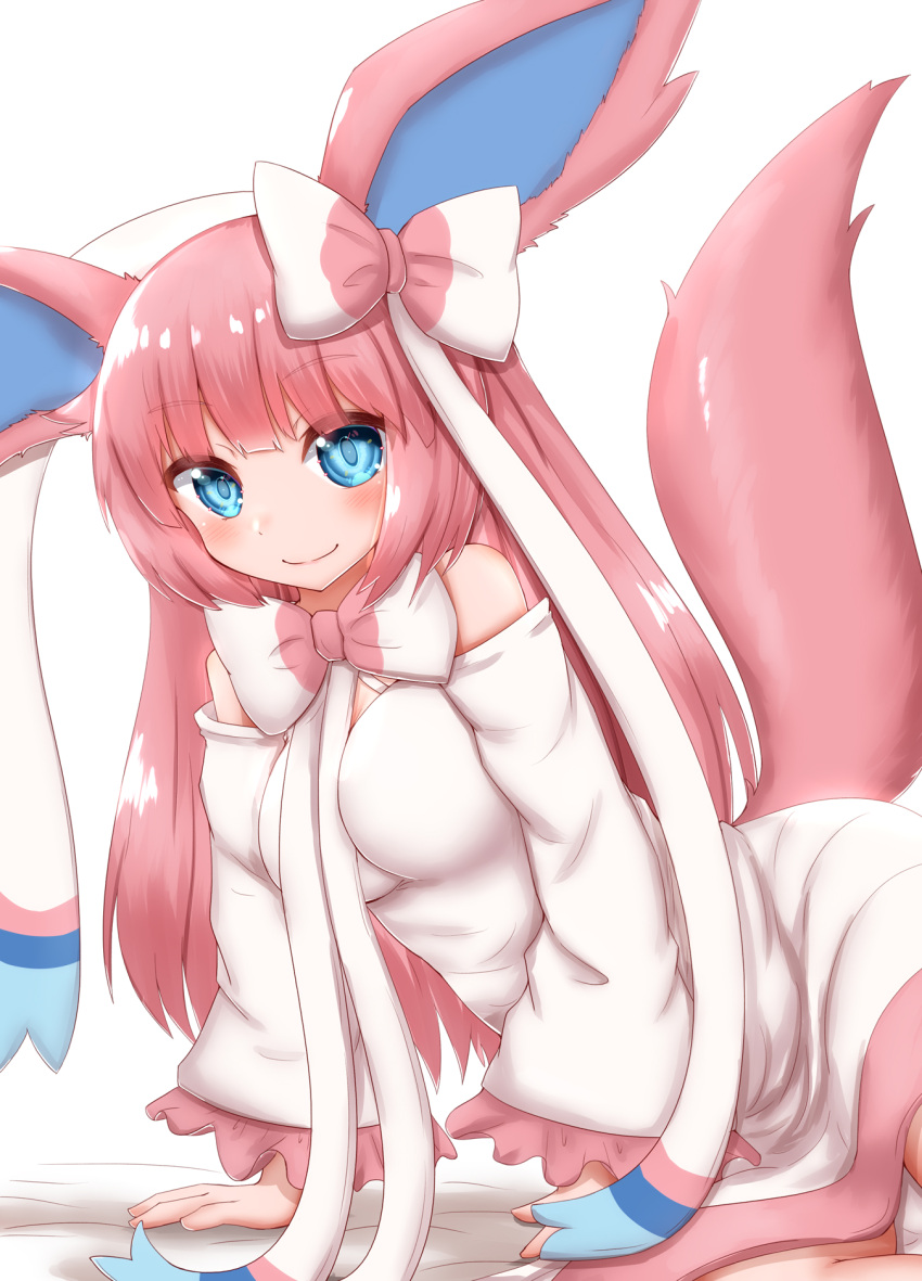 1girl animal_ears arm_support bangs bare_shoulders bed_sheet blue_eyes blush bow breasts closed_mouth commentary_request dress eyebrows_visible_through_hair fox_ears fox_tail frilled_dress frilled_sleeves frills hair_bow hair_ribbon happy highres horokusa_(korai) leaning_to_the_side long_hair long_sleeves looking_at_viewer medium_breasts off-shoulder_dress off_shoulder personification pink_hair pokemon ribbon shiny shiny_hair sidelocks simple_background smile solo sylveon tail tail_raised white_background white_bow white_dress white_ribbon