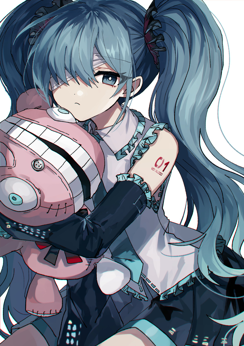 1girl absurdres bandage_over_one_eye black_skirt black_sleeves blue_eyes blue_hair blue_necktie closed_mouth collared_shirt commentary_request danjou_sora detached_sleeves frilled_shirt_collar frilled_sleeves frills grey_shirt hair_over_one_eye hatsune_miku highres long_hair long_sleeves looking_at_viewer necktie object_hug pleated_skirt shirt simple_background skirt sleeveless sleeveless_shirt solo stuffed_toy twintails very_long_hair vocaloid white_background