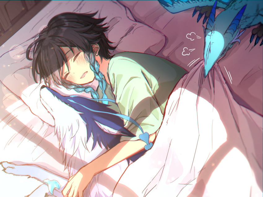 1boy andrius_(genshin_impact) androgynous bangs bed_sheet black_hair blanket blue_hair blush braid chiroron closed_eyes commentary_request dragon dvalin_(genshin_impact) genshin_impact gradient_hair green_shirt highres lying male_focus multicolored_hair on_side open_mouth pillow shirt short_hair_with_long_locks short_sleeves side_braids sidelocks sleeping solo twin_braids venti_(genshin_impact) wolf