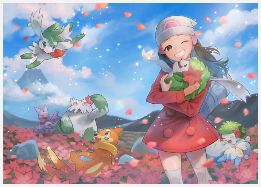 1girl abomasnow beanie black_hair border buizel clouds coat commentary_request day eyelashes field floating_scarf flower flower_field gligar grin hair_ornament hairclip hat hikari_(pokemon) holding holding_pokemon kikuyoshi_(tracco) long_hair one_eye_closed outdoors pachirisu petals pink_flower pokemon pokemon_(creature) pokemon_(game) pokemon_dppt pokemon_platinum red_coat scarf shaymin shaymin_(land) shaymin_(sky) signature sky smile sparkle teeth thigh-highs white_border white_headwear white_legwear