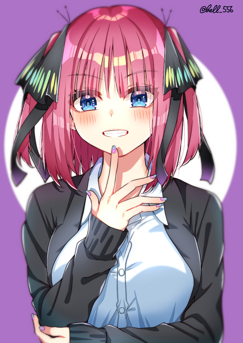 1girl absurdres arm_under_breasts bangs bell_556 black_cardigan black_ribbon blue_eyes blunt_bangs blush breasts butterfly_hair_ornament cardigan finger_to_own_chin go-toubun_no_hanayome grin hair_ornament highres large_breasts looking_at_viewer multicolored_nails nail_polish nakano_nino open_cardigan open_clothes pink_hair purple_background ribbon shirt simple_background sleeves_past_wrists smile twintails v-shaped_eyebrows white_shirt