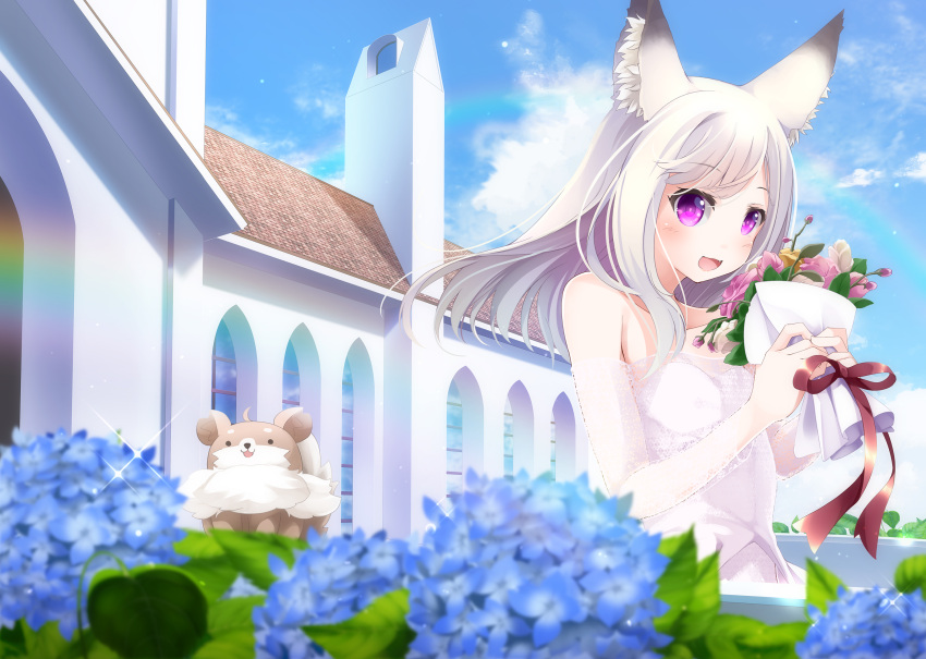 1girl :d animal_ear_fluff animal_ears animare bangs blush dress eyebrows_visible_through_hair flower highres holding holding_flower long_hair sch shiromiya_mimi silver_hair smelling_flower smile solo violet_eyes virtual_youtuber white_dress