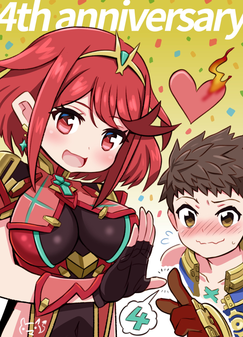 1boy 1girl bangs black_gloves breasts chest_jewel earrings fingerless_gloves gloves highres jewelry large_breasts ma2acworks pyra_(xenoblade) red_eyes redhead rex_(xenoblade) short_hair swept_bangs tiara xenoblade_chronicles_(series) xenoblade_chronicles_2