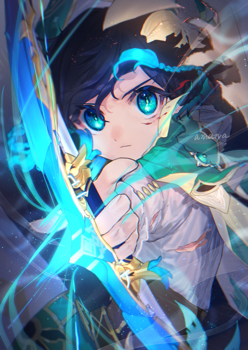 1boy amatcha androgynous artist_name bangs beret black_hair blood blue_hair bow_(weapon) braid cape closed_mouth commentary_request english_commentary flower frilled_sleeves frills genshin_impact gradient_hair green_eyes green_headwear hair_flower hair_ornament hat highres holding holding_bow_(weapon) holding_weapon leaf light_particles long_sleeves looking_at_viewer male_focus mixed-language_commentary multicolored_hair shirt short_hair_with_long_locks side_braids sidelocks solo twin_braids venti_(genshin_impact) weapon white_flower white_shirt