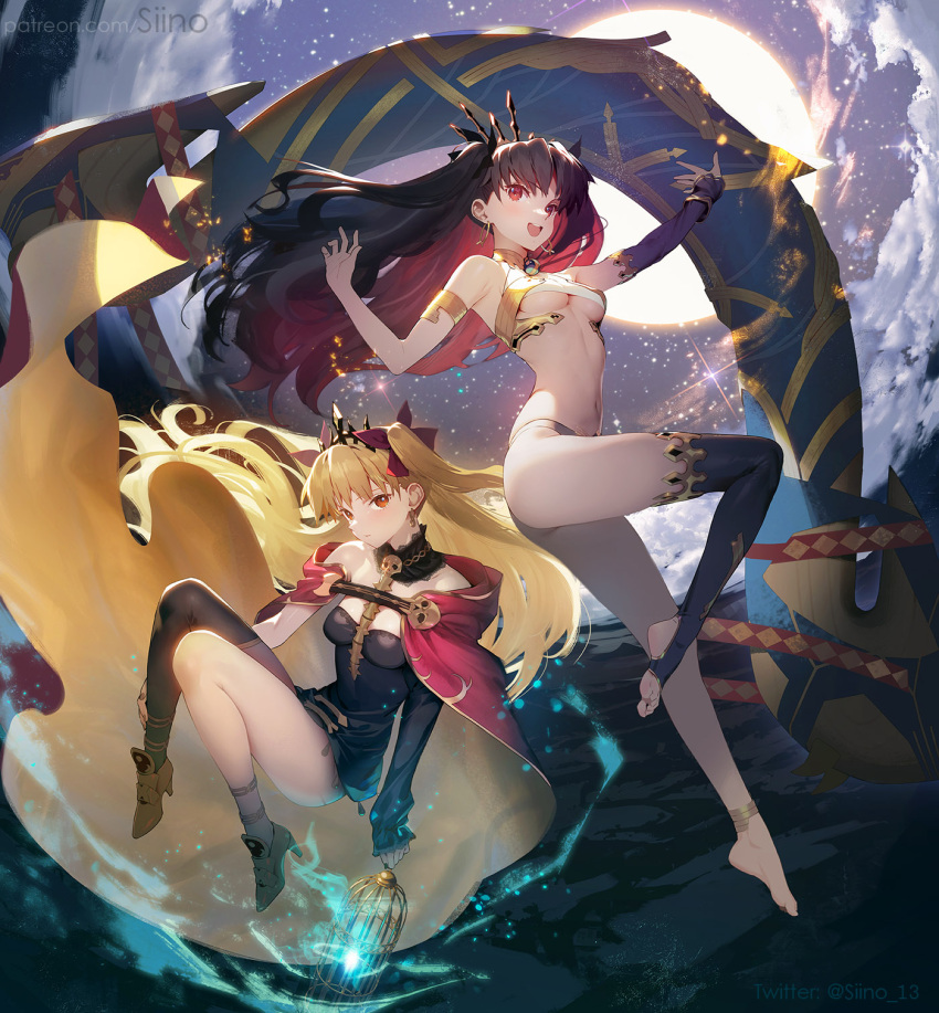 2girls :d arm_up ass bare_legs bare_shoulders barefoot black_dress black_hair blonde_hair blush breasts cage cape commentary_request detached_sleeves dress ereshkigal_(fate) expressionless fate/grand_order fate_(series) fire floating floating_hair full_body hands_up happy heavenly_boat_maanna high_heels highres holding holding_cage hood hooded_cape ishtar_(fate) knees_together_feet_apart knees_up legs long_hair midriff multiple_girls navel parted_lips red_cape red_eyes revealing_clothes short_dress siino single_bare_leg single_sleeve single_thighhigh smile star_(sky) sun thigh-highs thighs tiara two_side_up under_boob very_long_hair