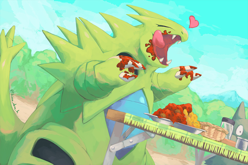 artist_name basket claws closed_eyes commentary eating food food_on_face food_on_hand heart jar kira_(kira_dra) mountain munchlax no_humans open_mouth pokemon pokemon_(creature) sky table tongue tongue_out tree tyranitar