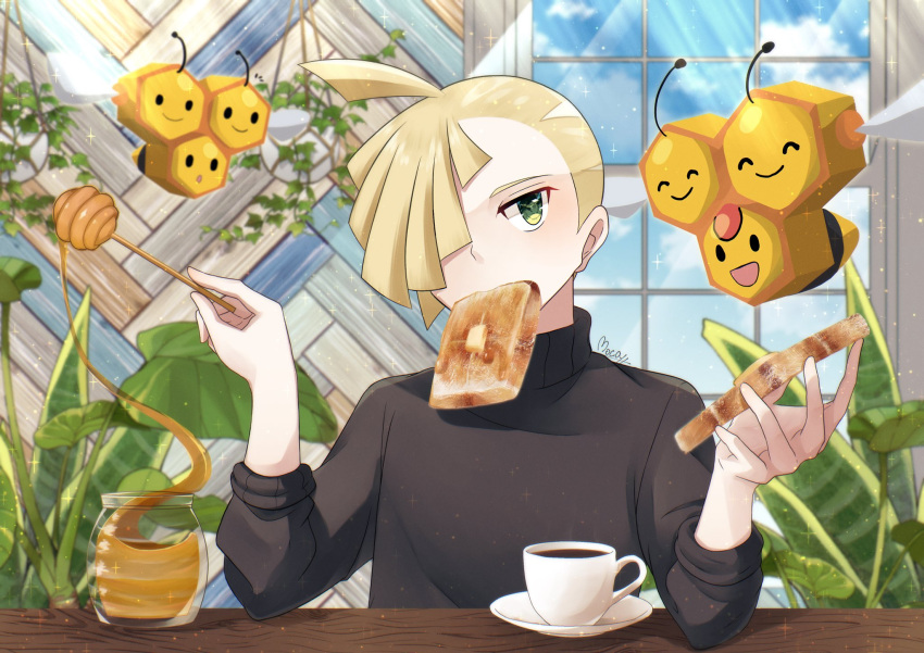 1boy ahoge alternate_costume bangs blonde_hair butter clouds combee commentary_request cup day food food_in_mouth gladion_(pokemon) green_eyes hair_over_one_eye highres holding honey honey_dipper looking_at_viewer male_focus mocacoffee_1001 mouth_hold pokemon pokemon_(creature) pokemon_(game) pokemon_sm pot saucer short_hair signature sky sparkle table teacup toast toast_in_mouth window