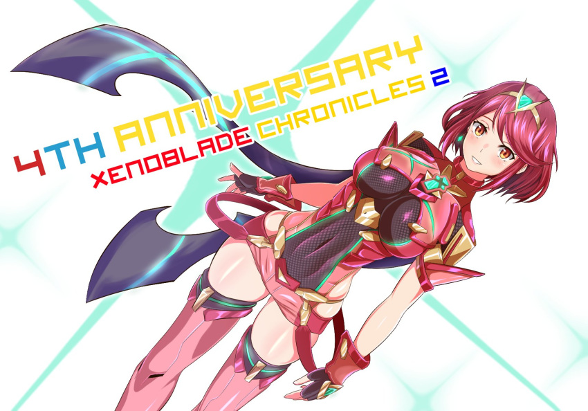 1girl bangs black_gloves breasts chest_jewel earrings fingerless_gloves gloves highres jewelry large_breasts pyra_(xenoblade) red_eyes red_legwear red_shorts redhead samu_poteto short_hair short_shorts shorts solo swept_bangs thigh-highs tiara xenoblade_chronicles_(series) xenoblade_chronicles_2