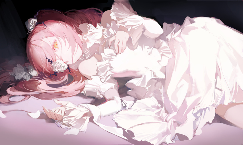 1girl absurdres bangs bare_shoulders chinese_commentary commentary_request cowboy_shot dress flower flower_over_eye hair_flower hair_ornament hair_over_mouth hand_on_own_chest hands_up highres kirakishou long_hair long_sleeves looking_at_viewer lying on_side pink_hair rose rozen_maiden sleeves_past_wrists solo weifengbing white_dress white_flower white_rose yellow_eyes