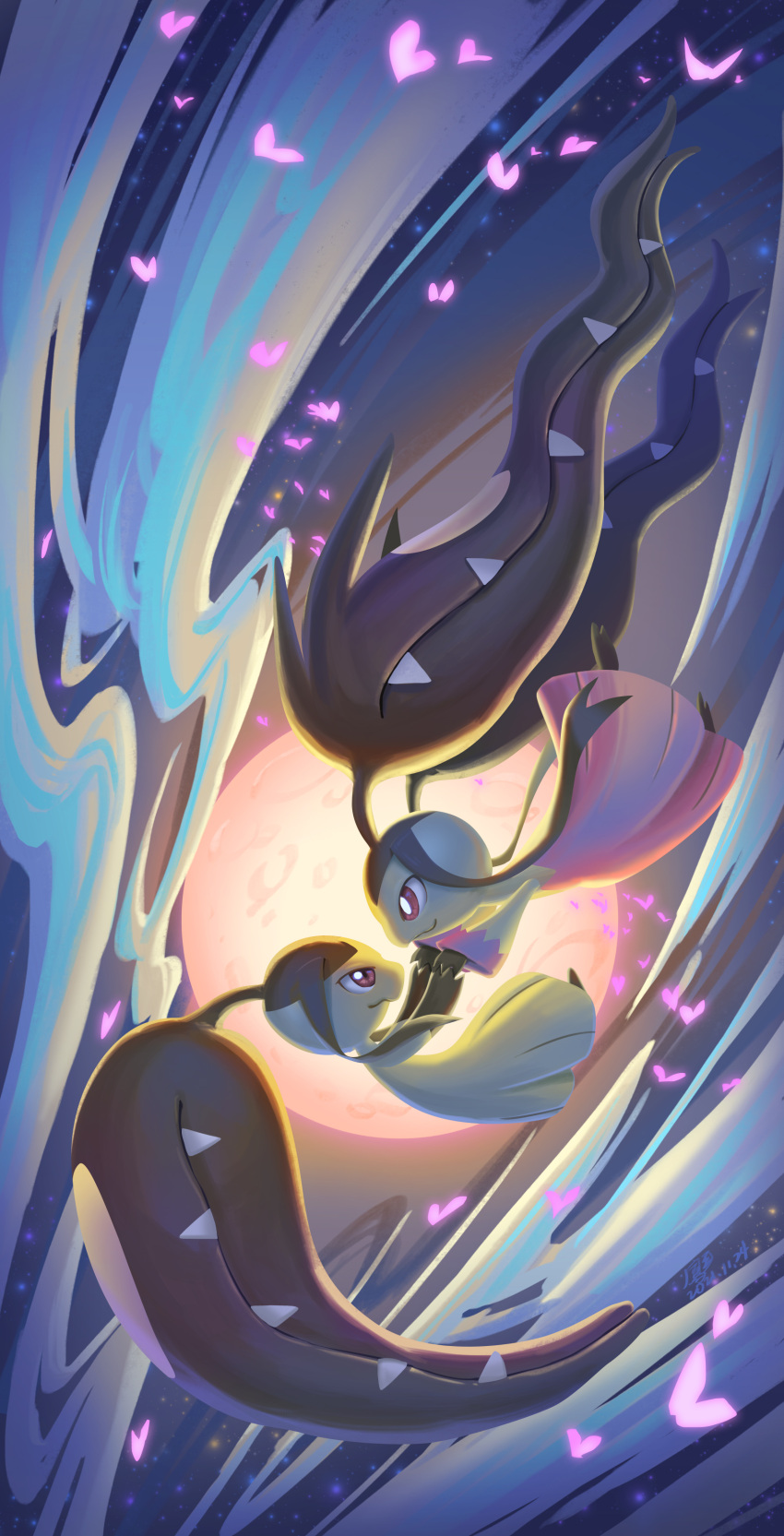 absurdres alternate_color bright_pupils closed_mouth commentary_request eye_contact from_side highres ho-oh_(artist) holding_hands looking_at_another mawile no_humans pokemon pokemon_(creature) shiny_pokemon smile violet_eyes white_pupils