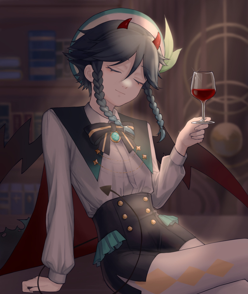 1boy androgynous argyle argyle_legwear bangs beret black_hair blue_hair blurry blurry_background bookshelf bow braid brooch closed_eyes closed_mouth collared_cape collared_shirt commentary_request cup demon_horns demon_tail demon_wings drinking_glass gem genshin_impact gradient_hair green_headwear hat highres holding holding_cup horns jewelry leaf long_sleeves male_focus monko_(liangliang) multicolored_hair pantyhose shirt short_hair_with_long_locks side_braids sidelocks sitting solo sparkle tail twin_braids venti_(genshin_impact) white_legwear white_shirt wine_glass wings