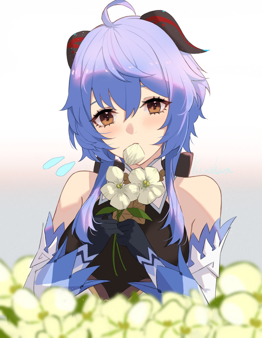 1girl ahoge bangs bare_shoulders black_gloves blue_hair blurry blurry_foreground breasts brown_eyes commentary detached_sleeves eating eyelashes flower flying_sweatdrops ganyu_(genshin_impact) genshin_impact gloves goat_horns gradient gradient_background grey_background hair_between_eyes hair_intakes hands_up highres holding holding_flower horns kuwahara_taiki long_hair looking_at_viewer shiny shiny_hair simple_background solo upper_body white_background white_flower