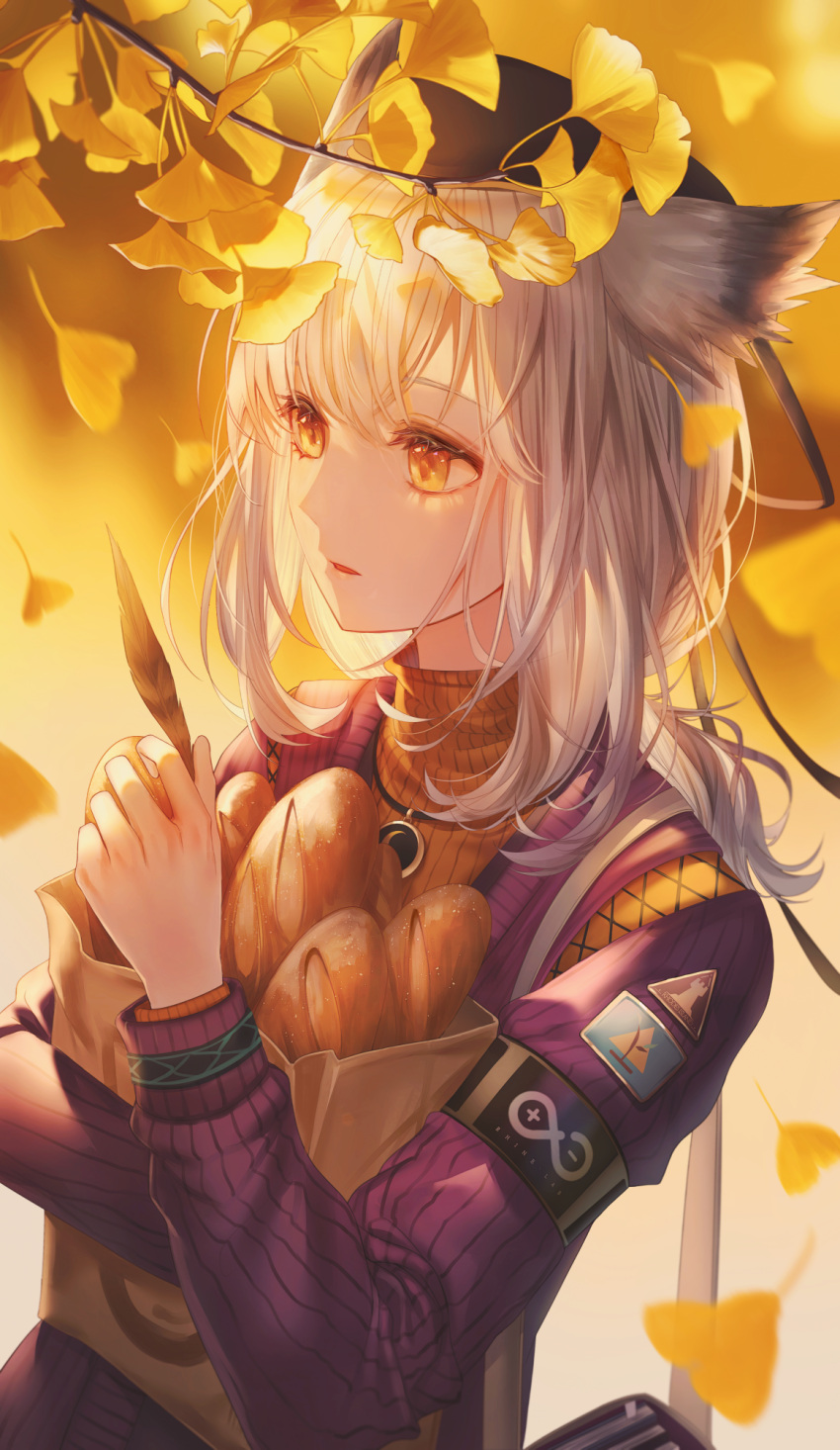 1girl arknights autumn autumn_leaves bag bangs black_headwear blurry blurry_background branch bread cardigan commentary eyelashes falling_leaves feathers food hair_flaps hand_up hat highres holding holding_feather leaf lium long_hair long_sleeves looking_at_viewer looking_away looking_to_the_side low_ponytail motion_blur nature object_hug official_alternate_costume orange_sweater paper_bag parted_lips ponytail ptilopsis_(arknights) ptilopsis_(serenity)_(arknights) shoulder_bag silver_hair solo sweater turtleneck upper_body yellow_eyes