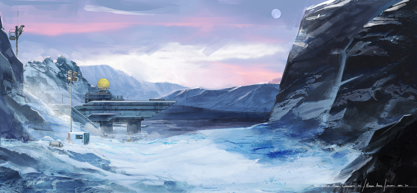 2020 building concept_art copyright_name english_commentary highres landscape mahou_arms moon mountain no_humans official_art production_art scenery sky snow softmode