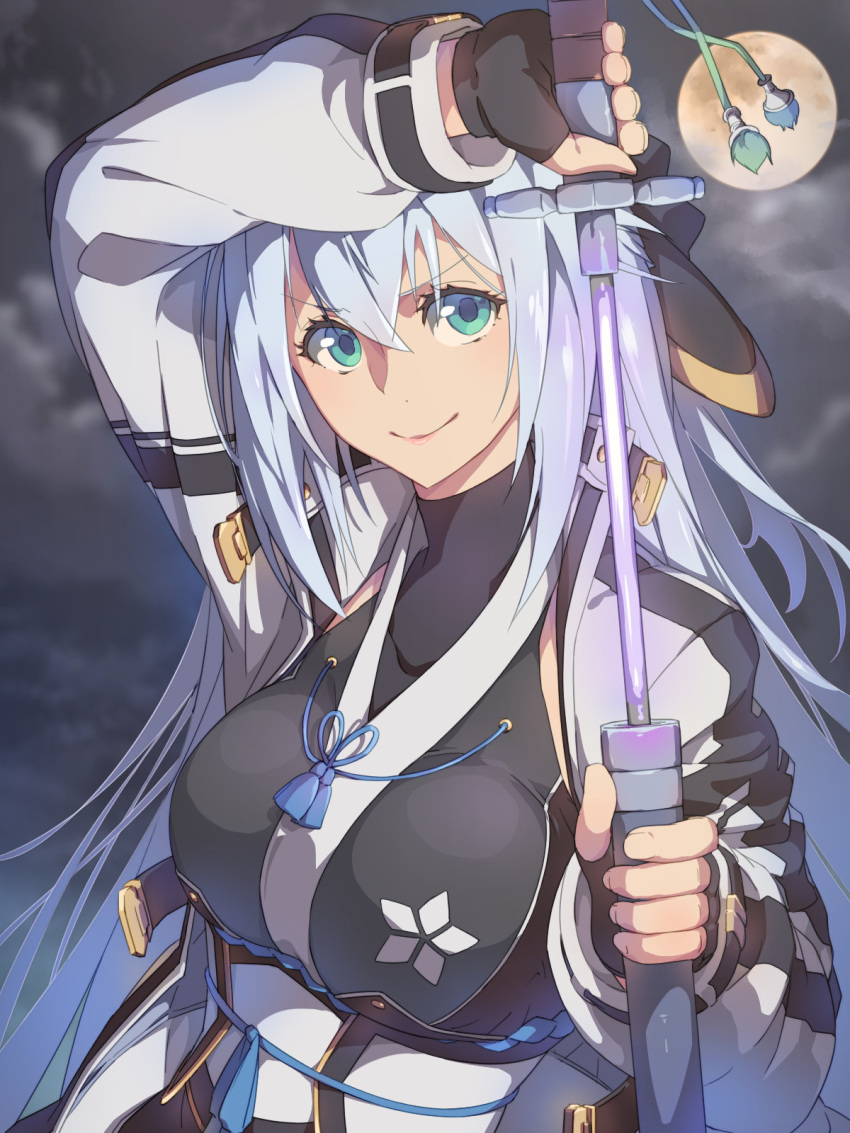 1girl blue_eyes blue_hair bow chiharu_(9654784) eiyuu_densetsu fingerless_gloves gloves hair_bow highres holding holding_sword holding_weapon jacket katana kuro_no_kiseki long_hair looking_at_viewer moon sheath shizuna_rem_misurugi smile sword tassel unsheathing weapon