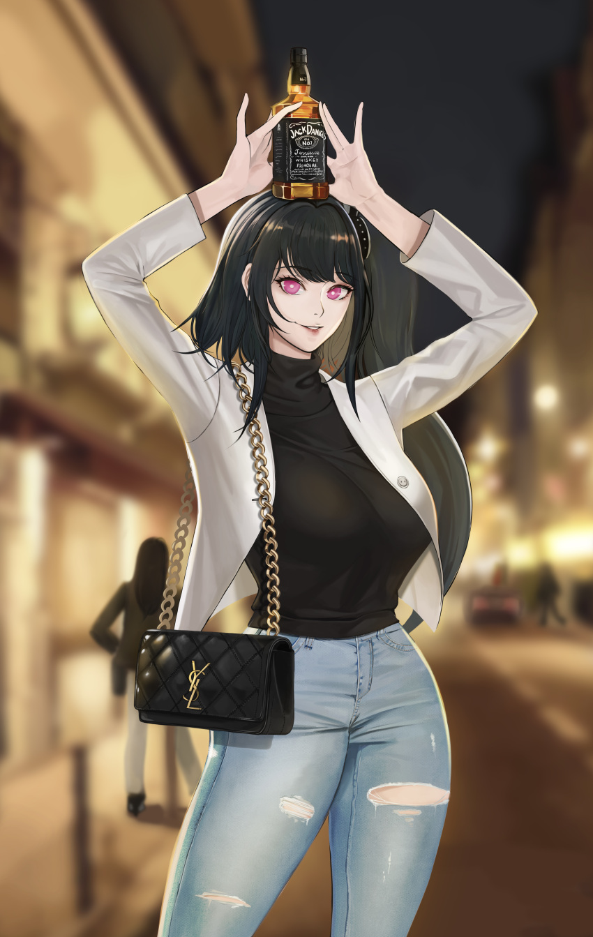 1girl absurdres alcohol architect_(girls'_frontline) bag bangs biting black_bag black_hair black_shirt bottle bottle_on_head breasts casual commentary_request denim eyebrows_visible_through_hair feet_out_of_frame gcg girls_frontline hair_ornament hairclip highres holding holding_bag holding_bottle jack_daniel's jacket jeans lip_biting lips long_hair looking_at_viewer medium_breasts open_clothes open_jacket open_mouth pants pink_eyes road sangvis_ferri scenery shirt smile solo standing street teeth turtleneck whiskey white_jacket