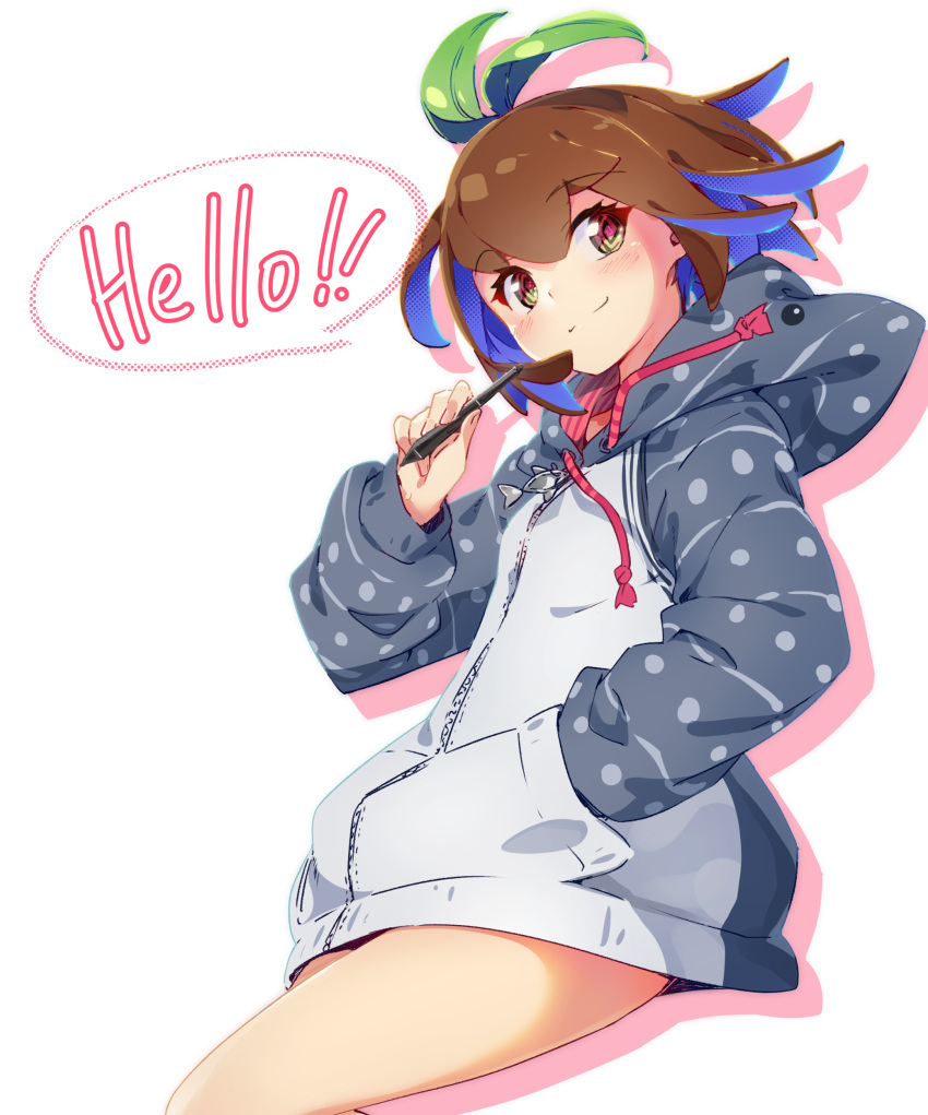 1girl @_@ absurdres blush brown_hair colored_inner_hair commentary_request english_text eva_mashiro eva_mashiro_(vtuber) hand_in_pocket highres holding holding_stylus hood hood_down hoodie long_sleeves looking_at_viewer multicolored_eyes multicolored_hair original short_hair simple_background smile solo speech_bubble split_mouth sprout_on_head stylus thighs virtual_youtuber white_background