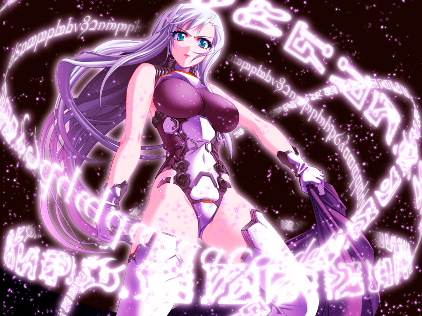 1girl bangs black_background blue_eyes boots breasts breasts_apart covered_navel demonbane floating_hair game_cg gloves holding large_breasts leotard long_hair metatron_(demonbane) nishii_(nitroplus) official_art red_lips shiny shiny_hair silver_hair solo thigh-highs thigh_boots v-shaped_eyebrows very_long_hair white_footwear white_gloves