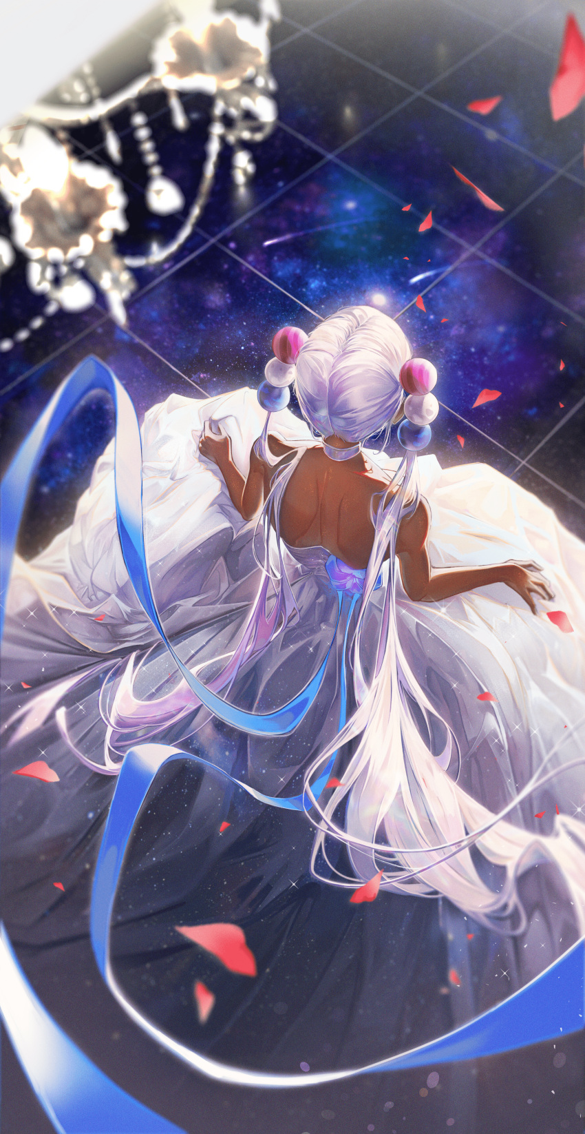 1girl absurdres back bare_shoulders chandelier choker dark-skinned_female dark_skin dress from_behind highres hololive hololive_english long_hair petals planet_hair_ornament reinene ribbon silver_hair skirt_hold solo space tsukumo_sana very_long_hair