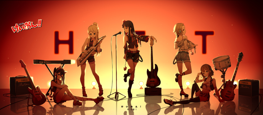 5girls akiyama_mio amplifier animal_ear_headphones arm_support ass backlighting bare_shoulders bass_guitar black_hair blonde_hair blue_eyes blush boots bow brown_hair charm_(object) contrapposto copyright_name denim denim_shorts detached_sleeves drum drum_set elbow_gloves electric_guitar from_behind gloves gradient gradient_background guitar hair_bow headphones highres hirasawa_yui instrument k-on! keytar kneehighs kotobuki_tsumugi looking_at_viewer looking_back looking_to_the_side midriff multiple_girls nakano_azusa navel plaid plaid_skirt red_eyes reflection shoes short_hair shorts skirt smile sneakers standing standing_on_one_leg swimsuit tainaka_ritsu thigh-highs thighs wide_sleeves wire wujia_xiaozi
