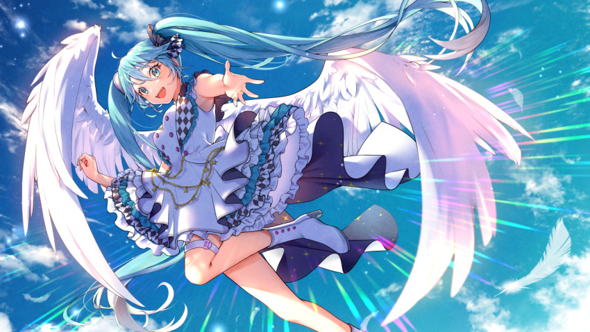 1girl :d alternate_costume aqua_eyes aqua_hair dress flying frilled_dress frills hand_up hatsune_miku kyashii_(a3yu9mi) long_hair midair outstretched_arm sky sleeveless smile solo twintails vocaloid wings
