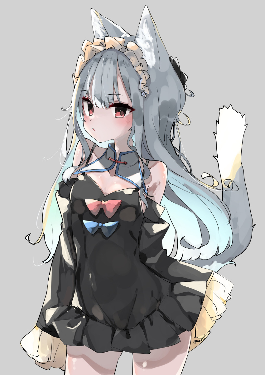 1girl absurdres animal_ear_fluff animal_ears bangs black_dress blush bow detached_sleeves dress dress_bow eyebrows_visible_through_hair gingerbullet highres long_hair looking_at_viewer maid_headdress monochrome_background original red_eyes short_dress silver_hair solo tail tail_raised