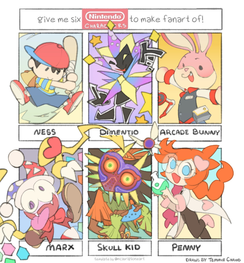 arcade_bunny backpack bag baseball_bat baseball_cap character_name company_connection dimentio fangs glasses hat highres instrument jester jester_cap kirby_(series) kirby_super_star labcoat majora_(entity) marx mask mother_(game) mother_2 ness_(mother_2) nintendo nintendo_badge_arcade no_arms ocarina open_mouth orange_hair paper_mario penny_crygor shirt shorts skull_kid striped striped_shirt super_mario_bros. super_paper_mario temmie_chang the_legend_of_zelda the_legend_of_zelda:_majora's_mask tongue tongue_out violet_eyes warioware wings